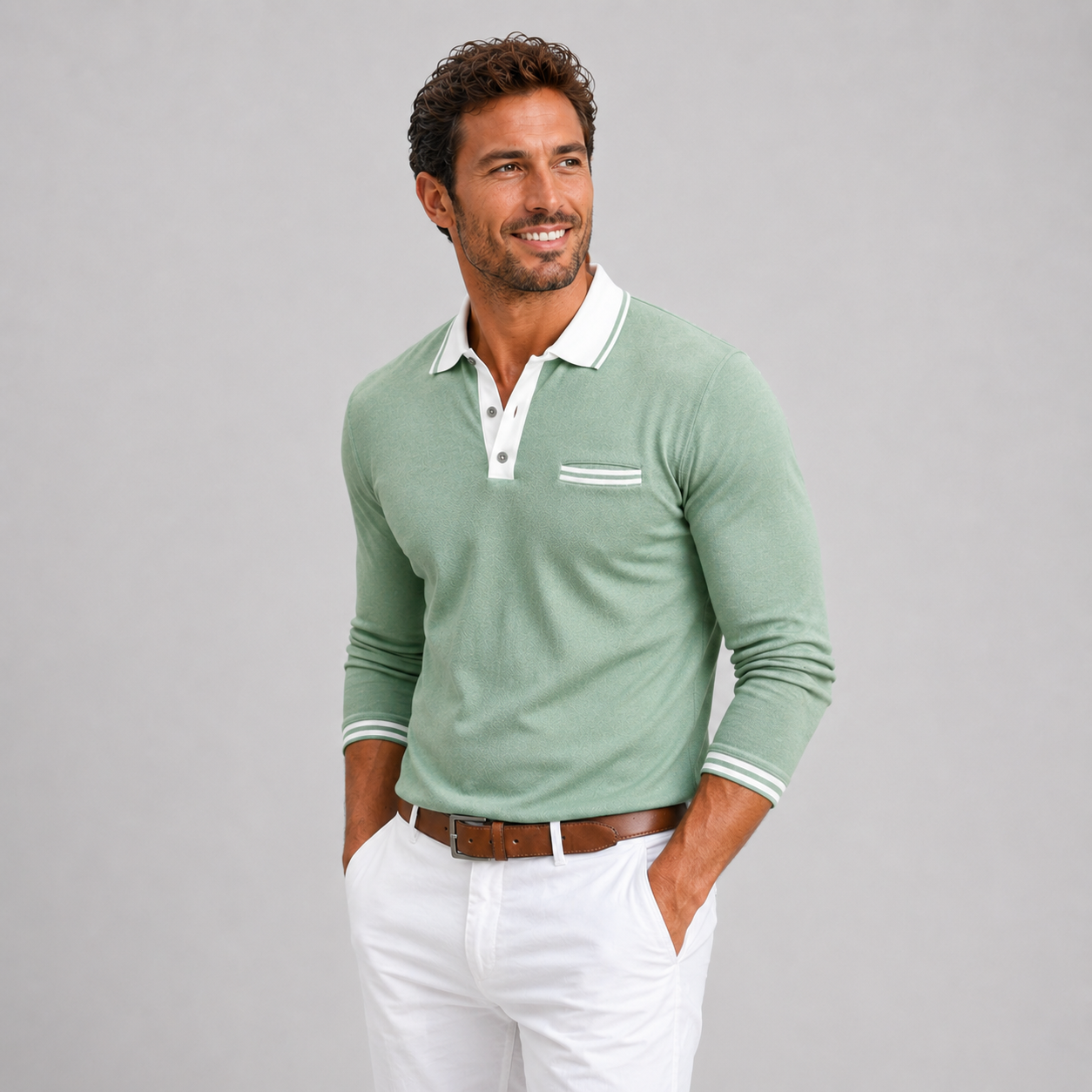 Montarello Men's Long Sleeve Polo Shirt Contrast Collar