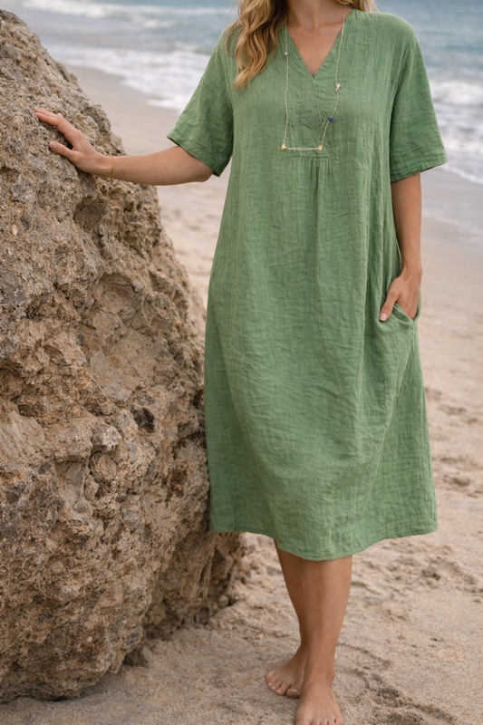 Montarello Linen-Look Women's V-Neck Midi Dress