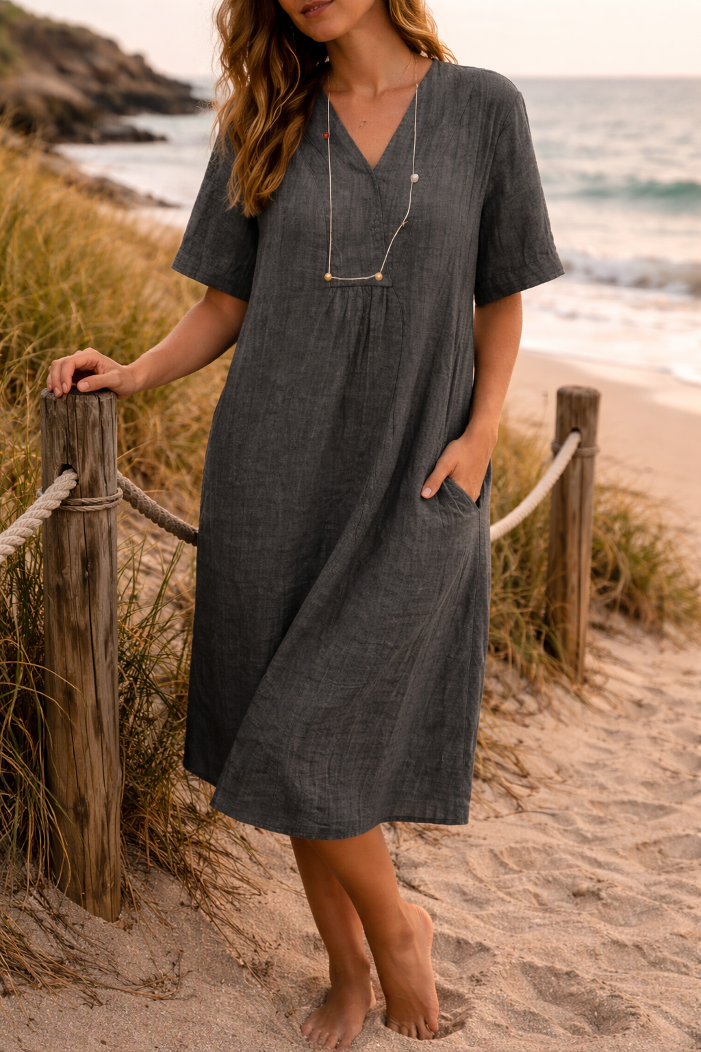 Montarello Linen-Look Women's V-Neck Midi Dress