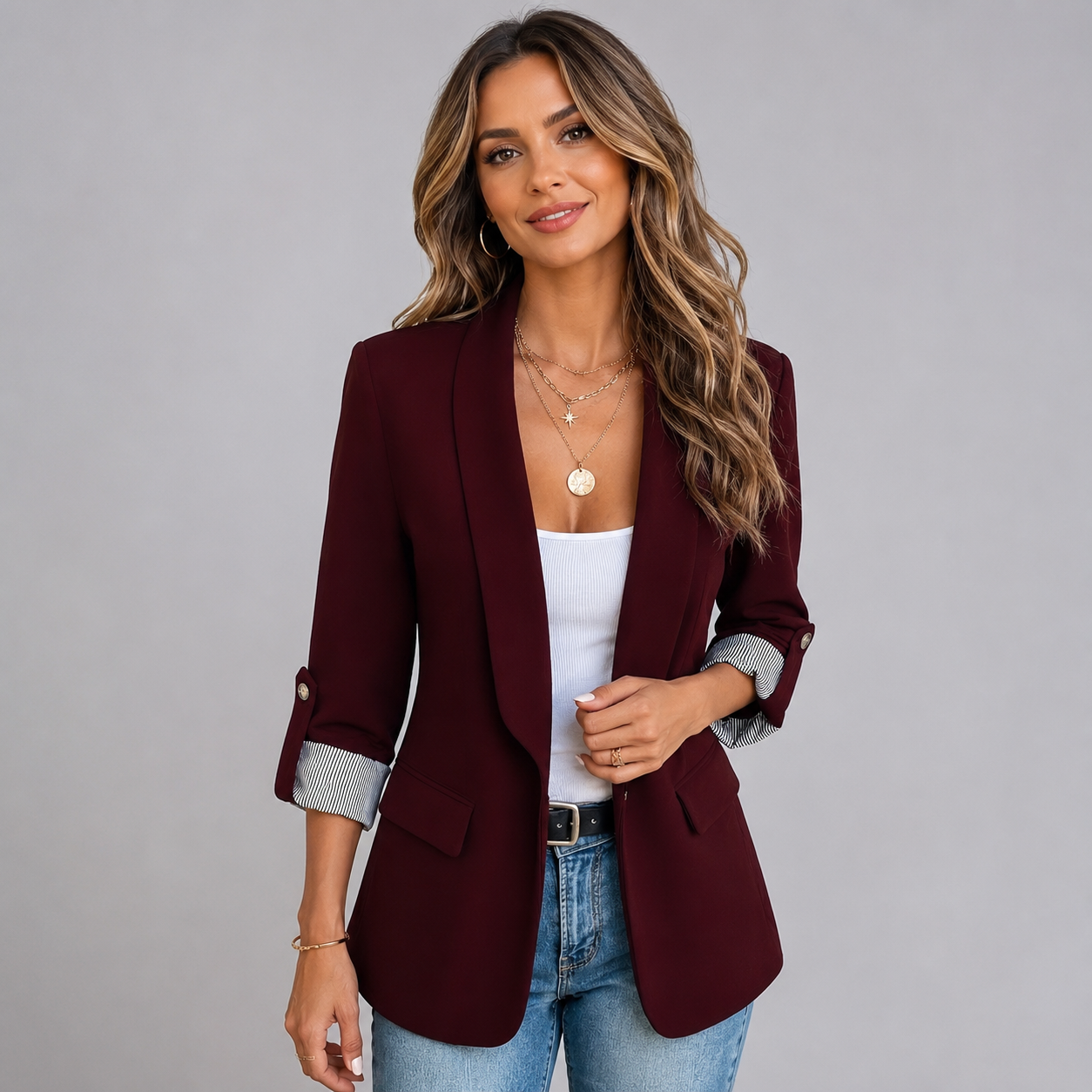 Montarello Women's Open Front Ruched Sleeve Blazer
