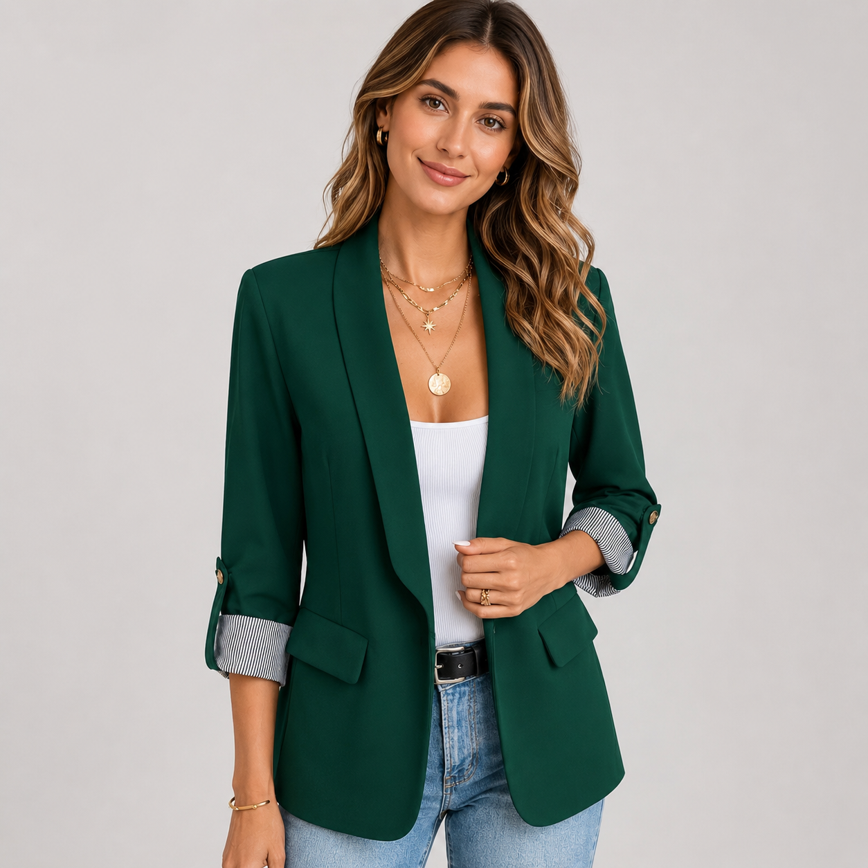 Montarello Women's Open Front Ruched Sleeve Blazer