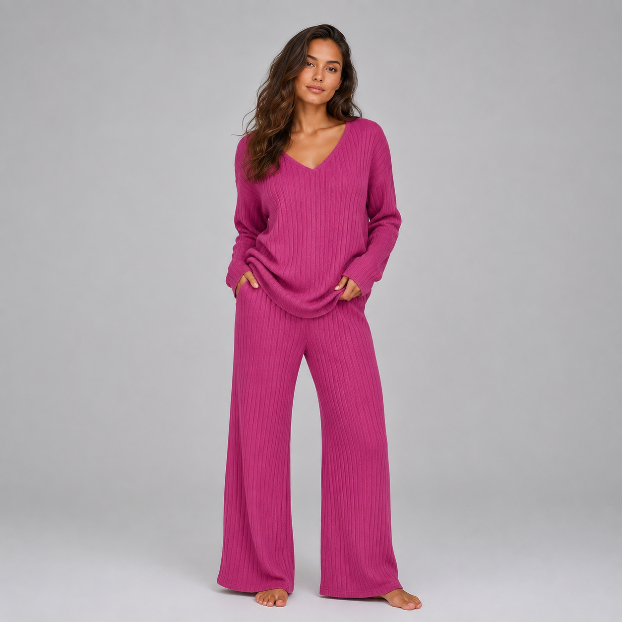 Montarello Women's Lounge Set Ribbed Knit V-Neck Wide Leg