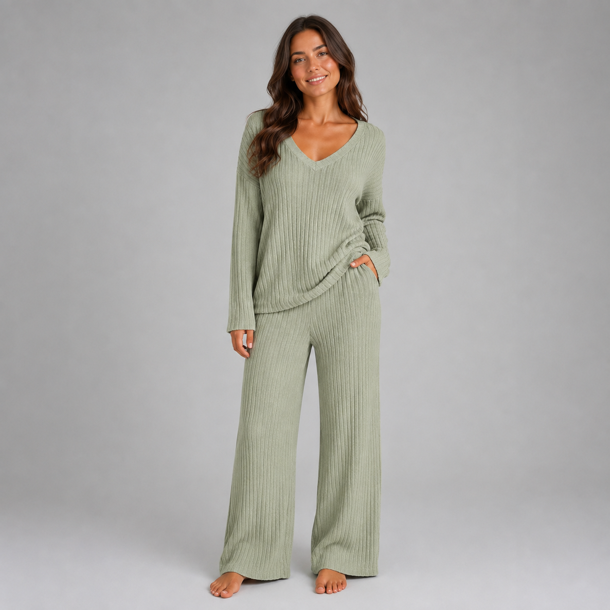 Montarello Women's Lounge Set Ribbed Knit V-Neck Wide Leg