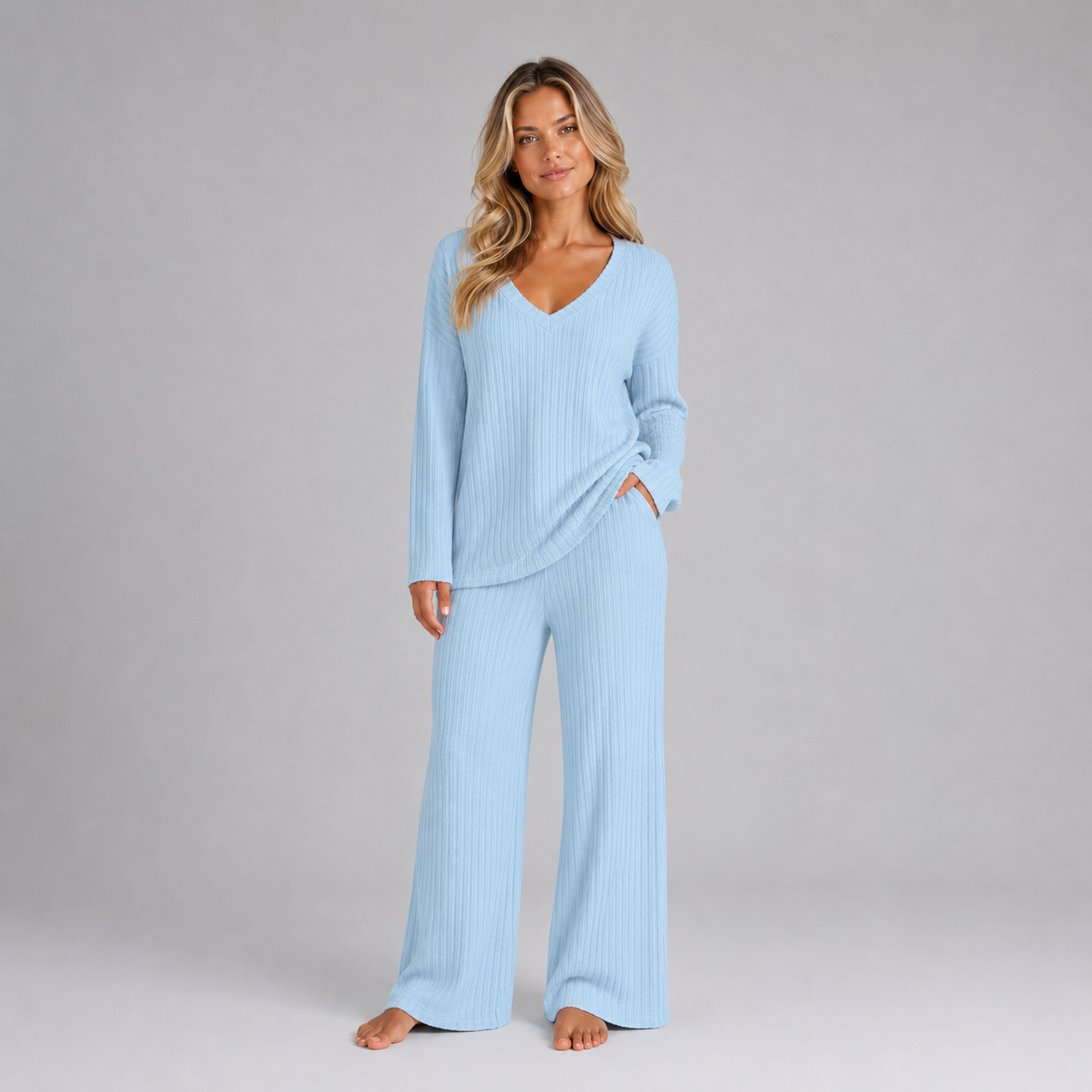 Montarello Women's Lounge Set Ribbed Knit V-Neck Wide Leg
