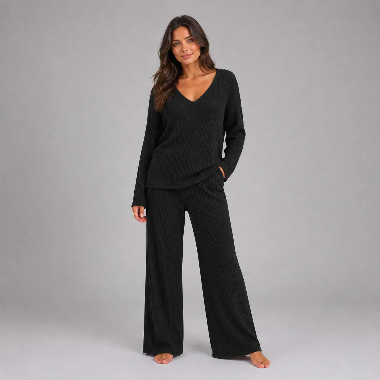 Montarello Women's Lounge Set Ribbed Knit V-Neck Wide Leg