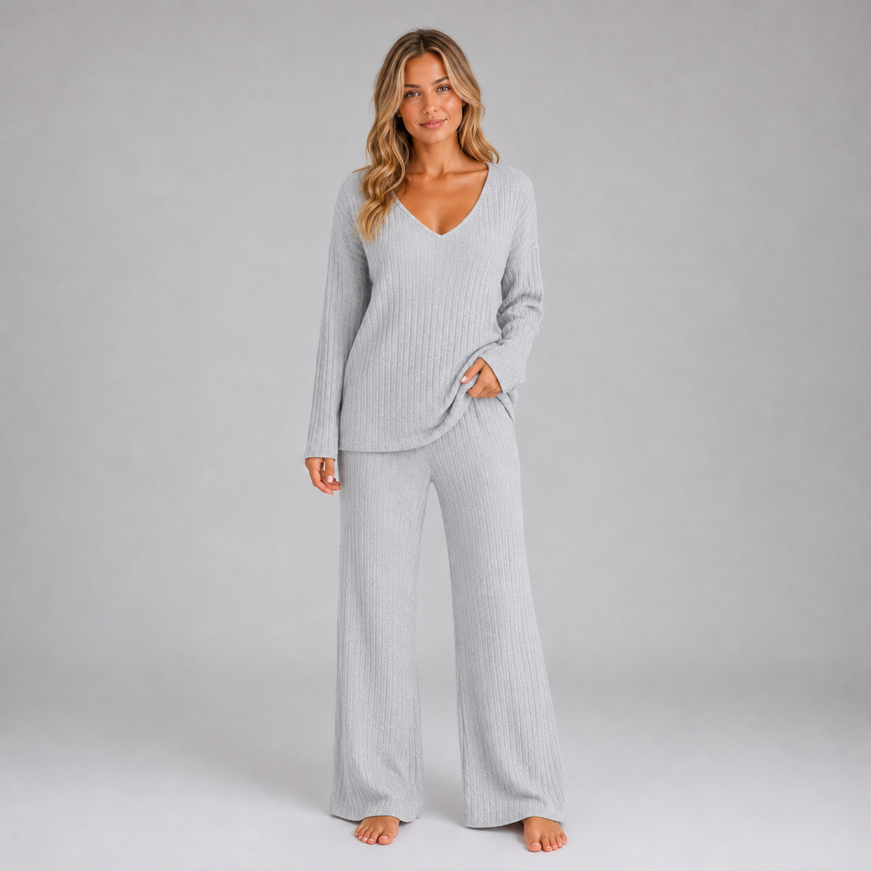 Montarello Women's Lounge Set Ribbed Knit V-Neck Wide Leg