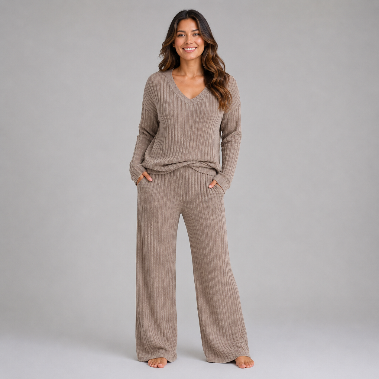 Montarello Women's Lounge Set Ribbed Knit V-Neck Wide Leg
