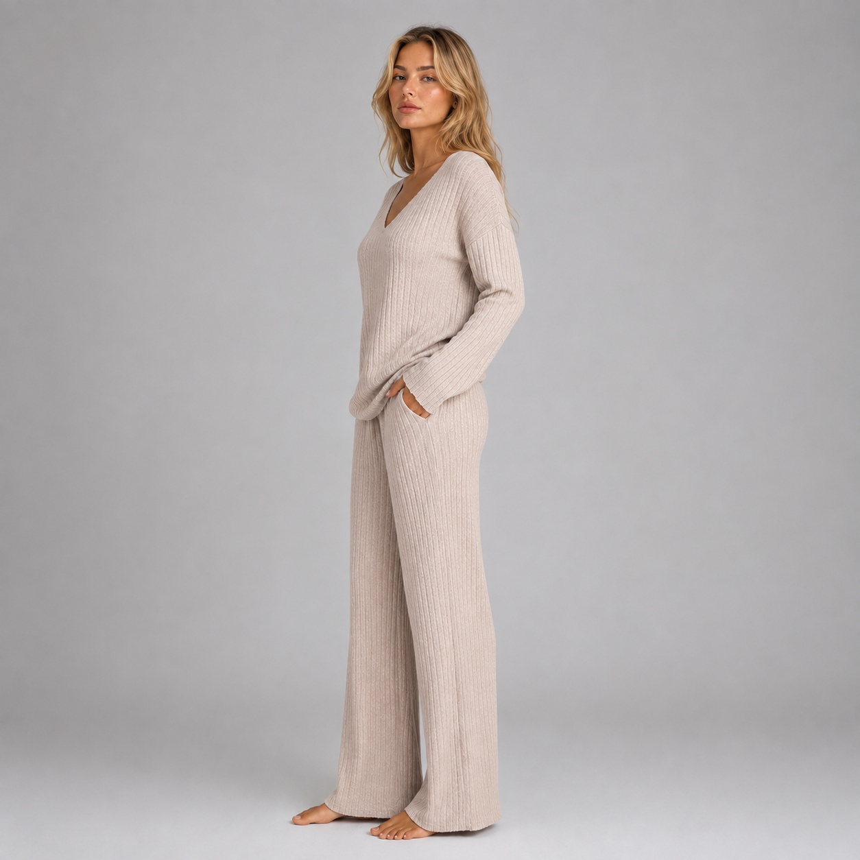 Montarello Women's Lounge Set Ribbed Knit V-Neck Wide Leg