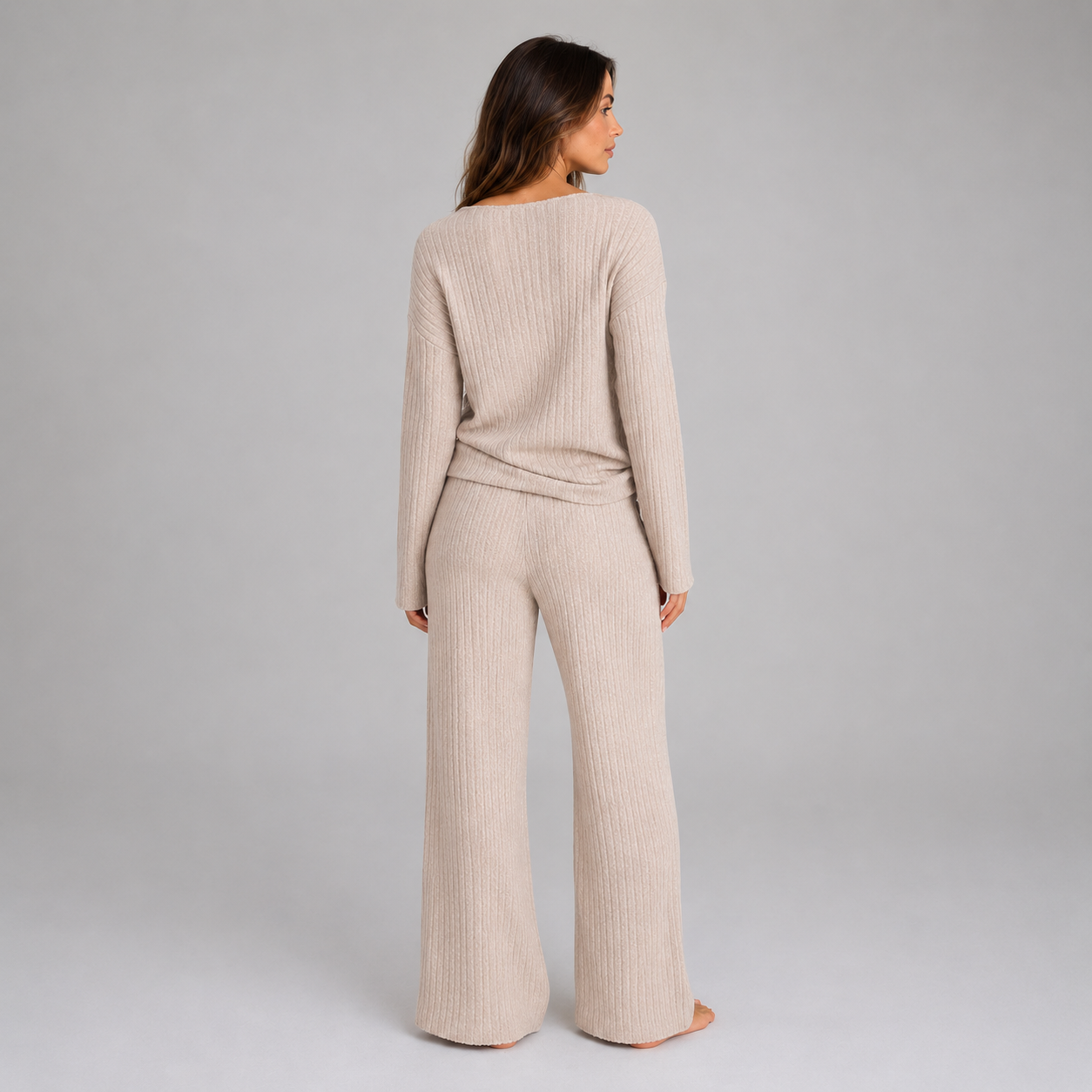 Montarello Women's Lounge Set Ribbed Knit V-Neck Wide Leg