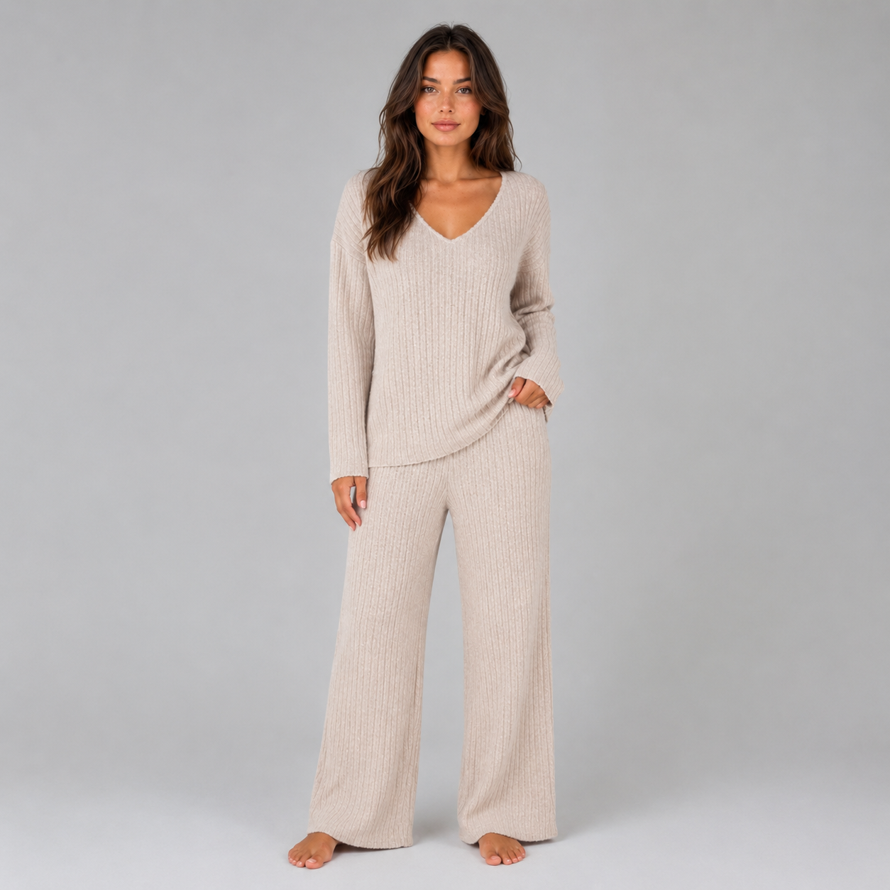 Montarello Women's Lounge Set Ribbed Knit V-Neck Wide Leg