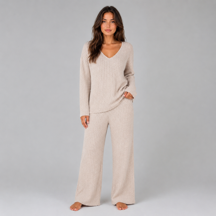 Montarello Women's Lounge Set Ribbed Knit V-Neck Wide Leg