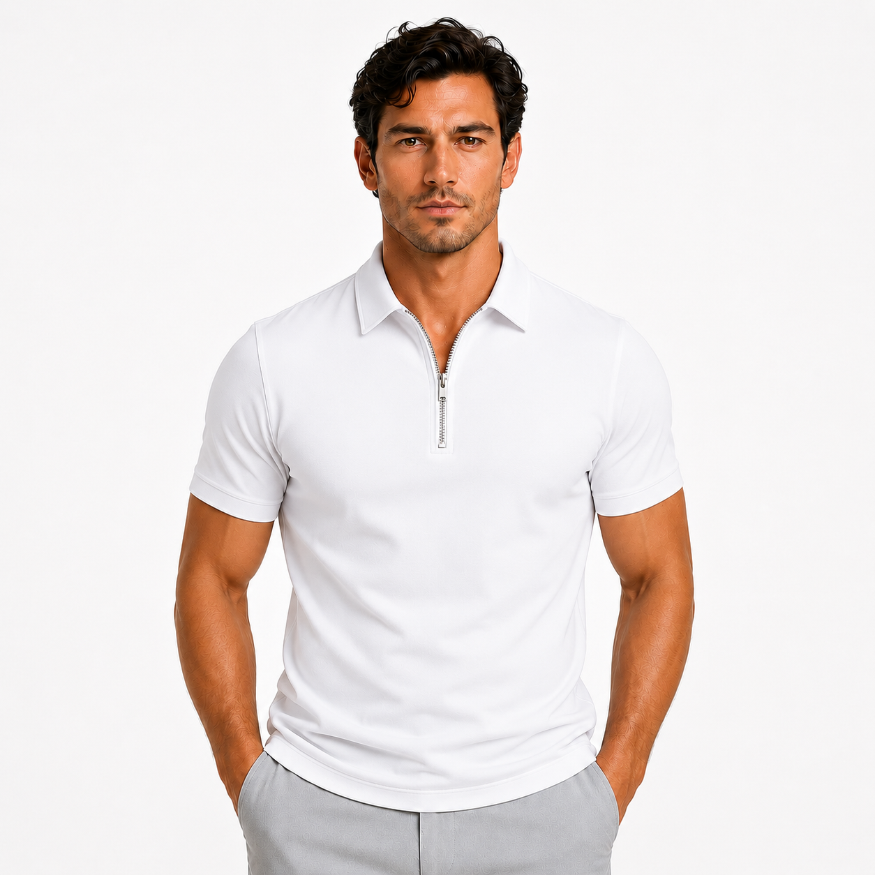 Montarello Men's Zip-Neck Slim-Fit Short-Sleeve Polo Shirt