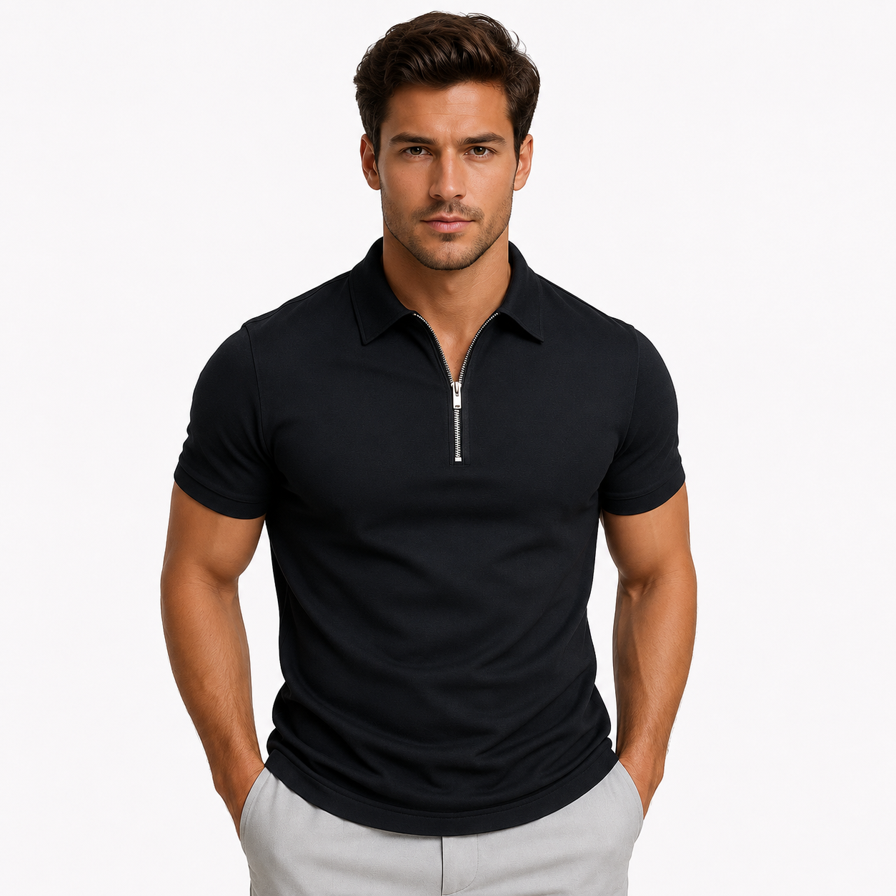 Montarello Men's Zip-Neck Slim-Fit Short-Sleeve Polo Shirt