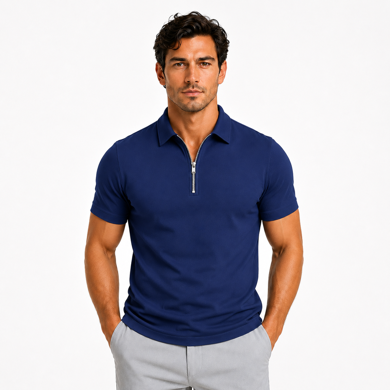 Montarello Men's Zip-Neck Slim-Fit Short-Sleeve Polo Shirt