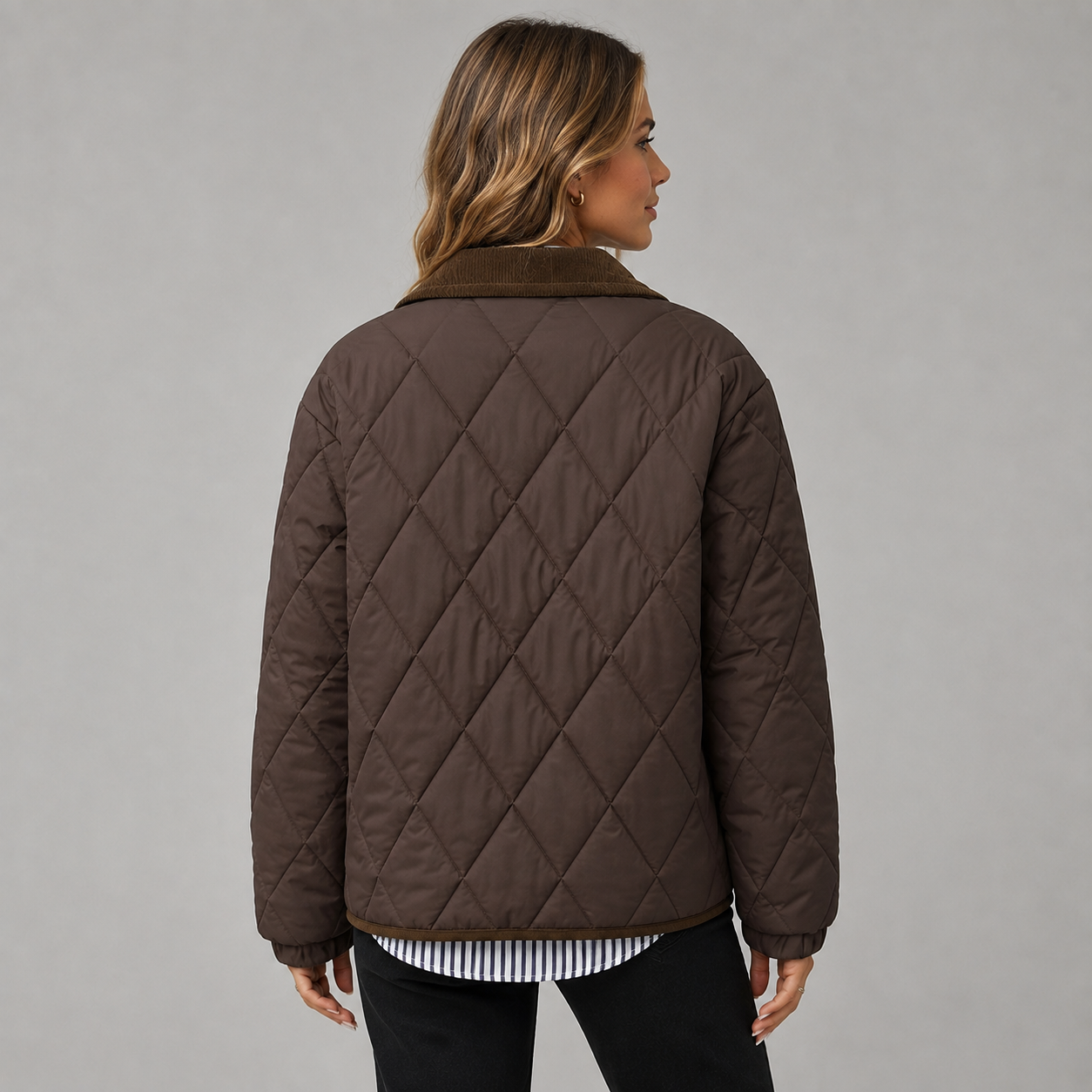 Montarello Women's Quilted Jacket Cropped Check Contrast Collar