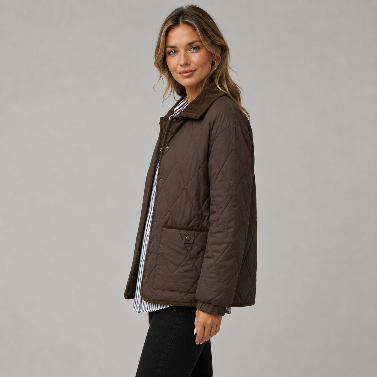 Montarello Women's Quilted Jacket Cropped Check Contrast Collar