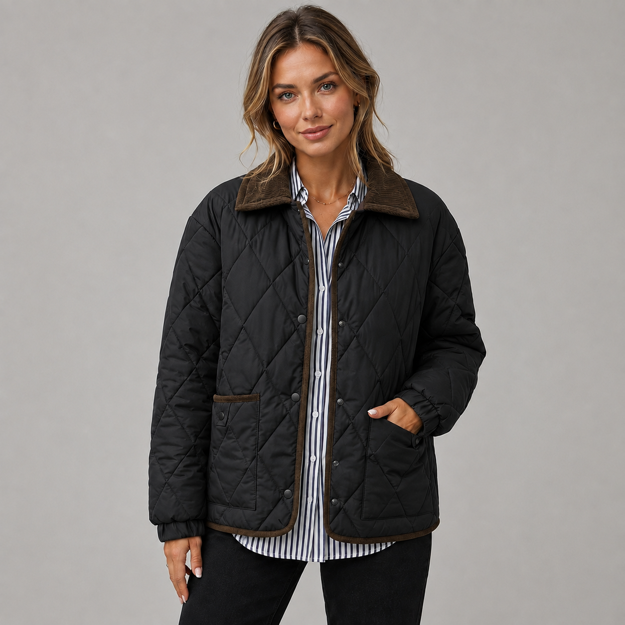 Montarello Women's Quilted Jacket Cropped Check Contrast Collar