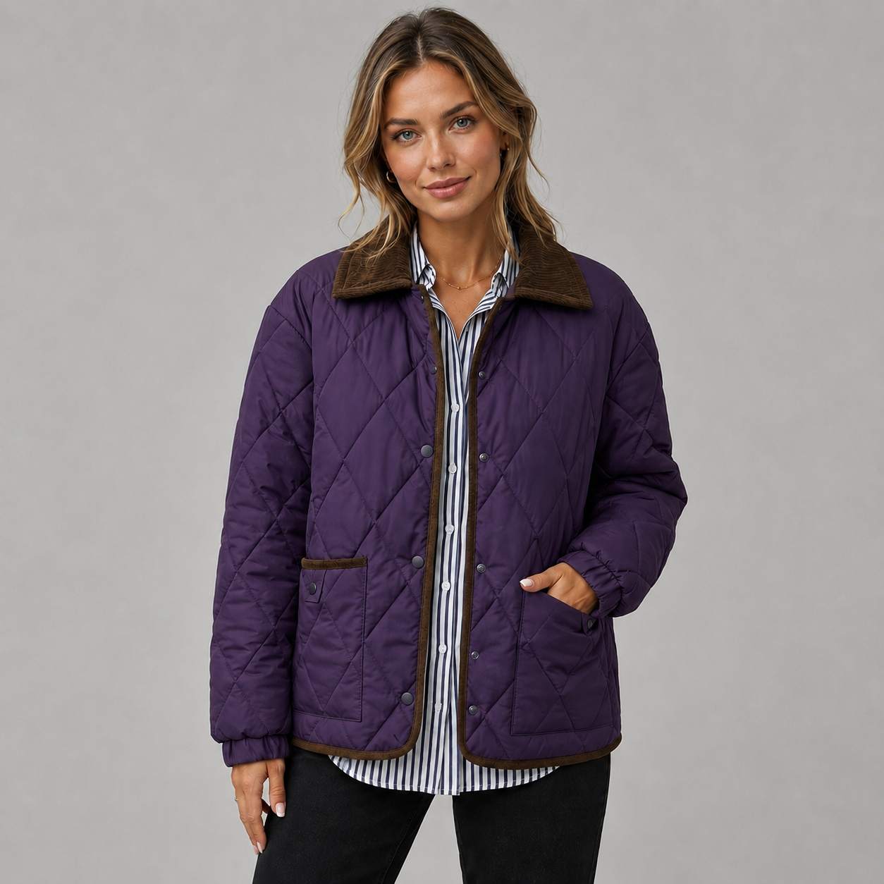 Montarello Women's Quilted Jacket Cropped Check Contrast Collar