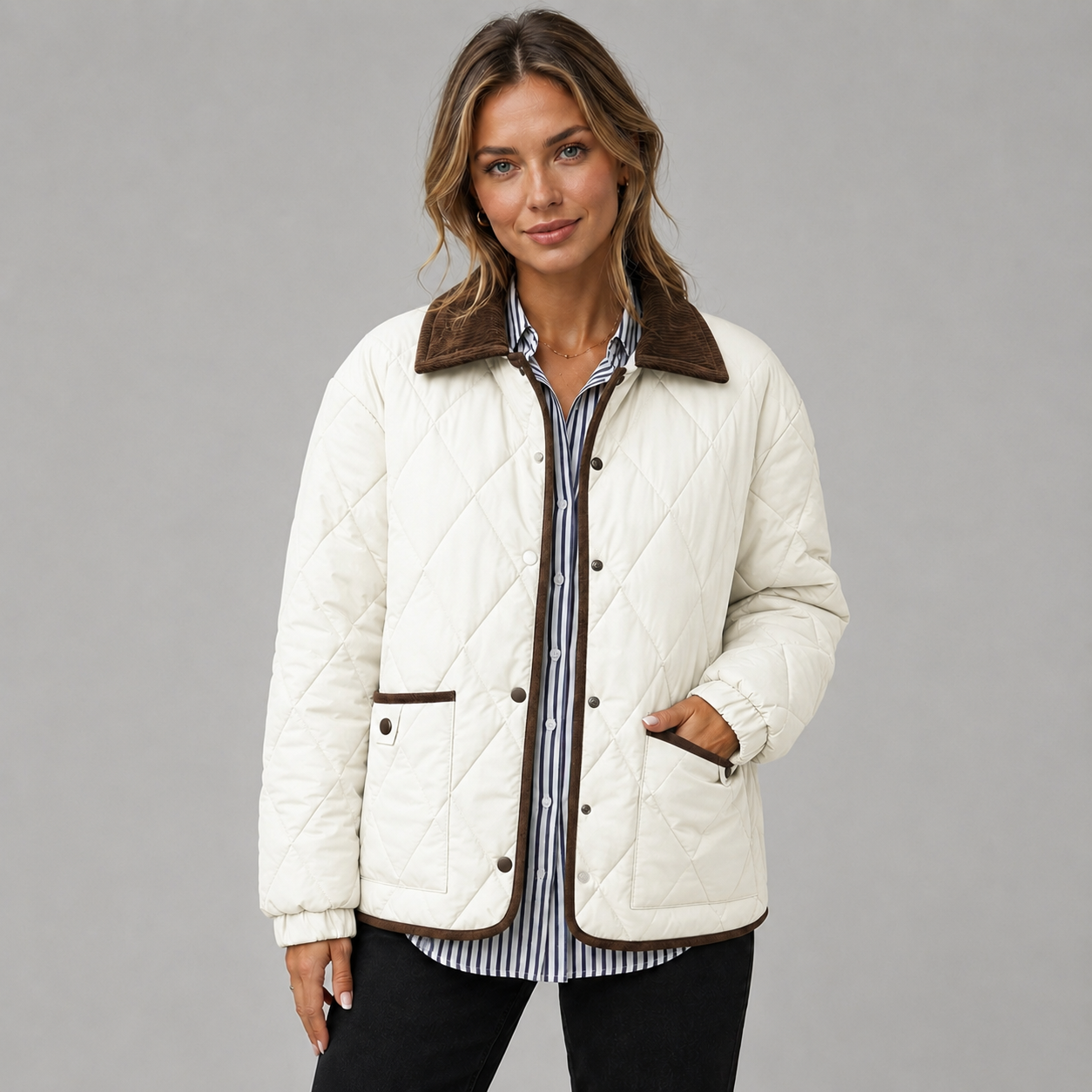 Montarello Women's Quilted Jacket Cropped Check Contrast Collar