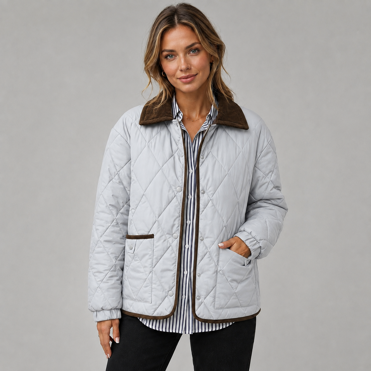 Montarello Women's Quilted Jacket Cropped Check Contrast Collar