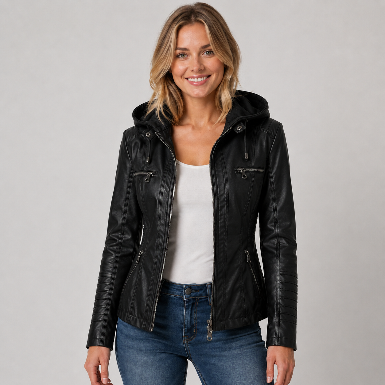 Montarello Women's Jacket Leather-Look Hooded Zip Up