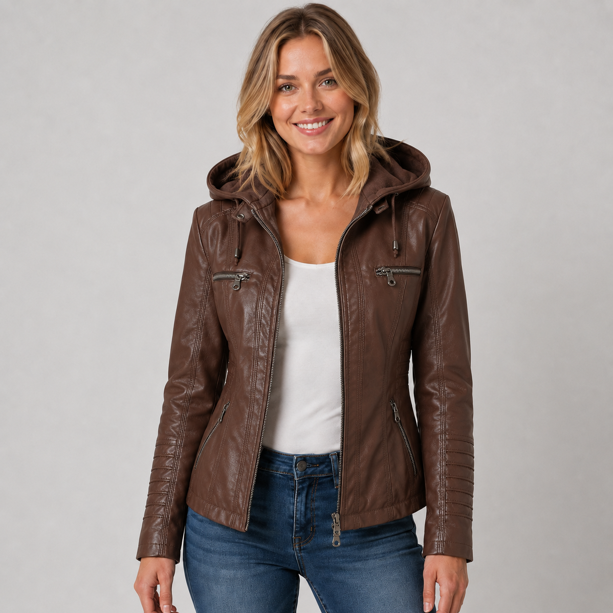 Montarello Women's Jacket Leather-Look Hooded Zip Up