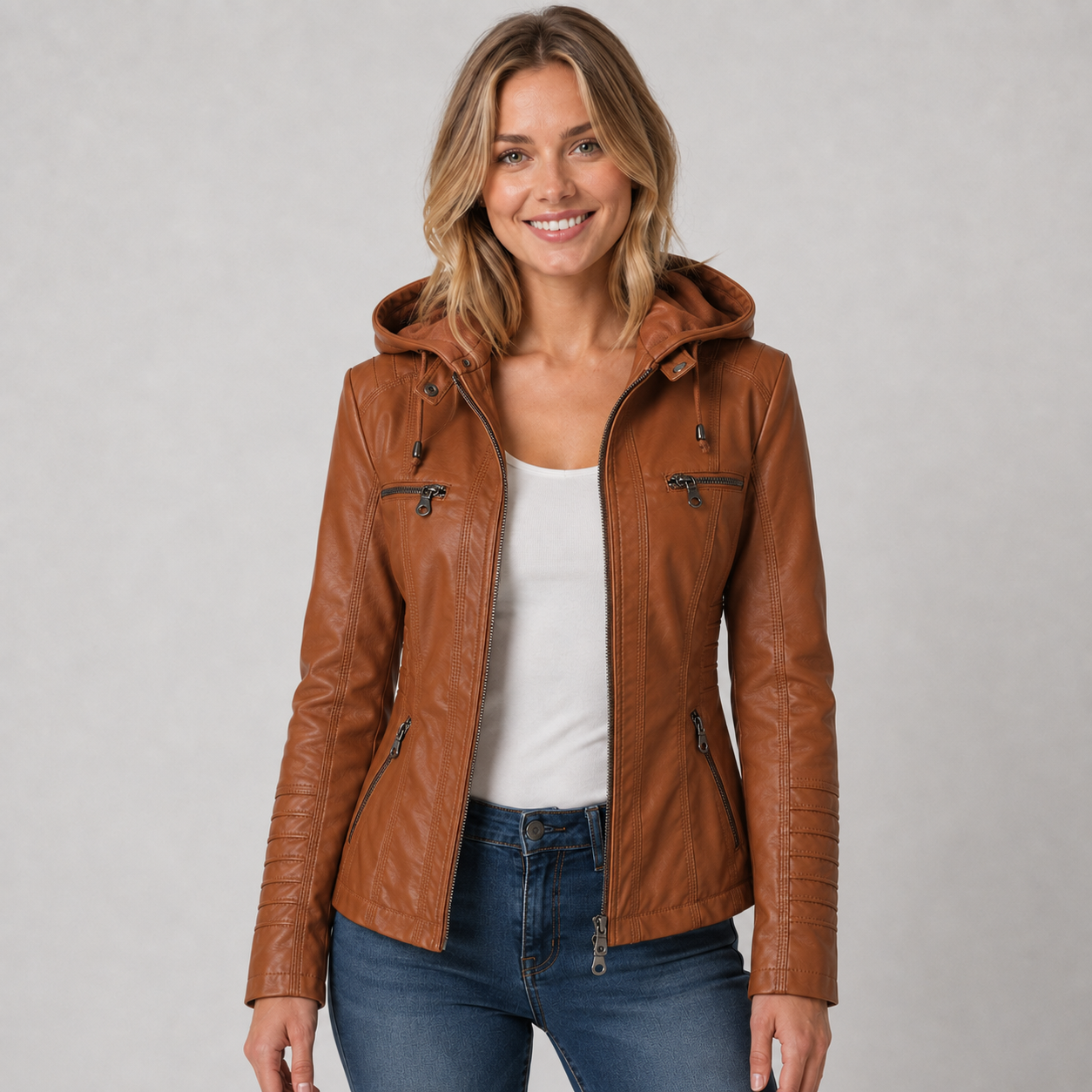 Montarello Women's Jacket Leather-Look Hooded Zip Up