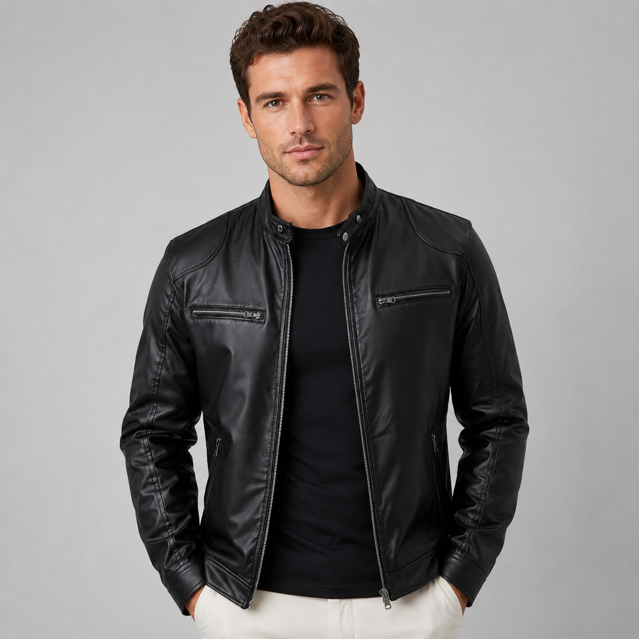 Montarello Men's Biker Jacket Leather-Look Stand Collar