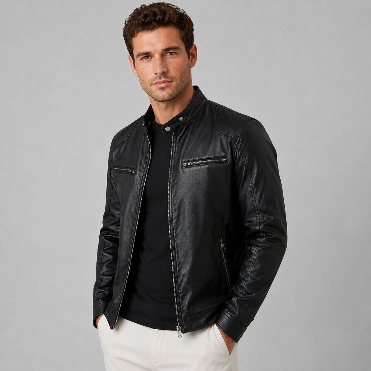 Montarello Men's Biker Jacket Leather-Look Stand Collar