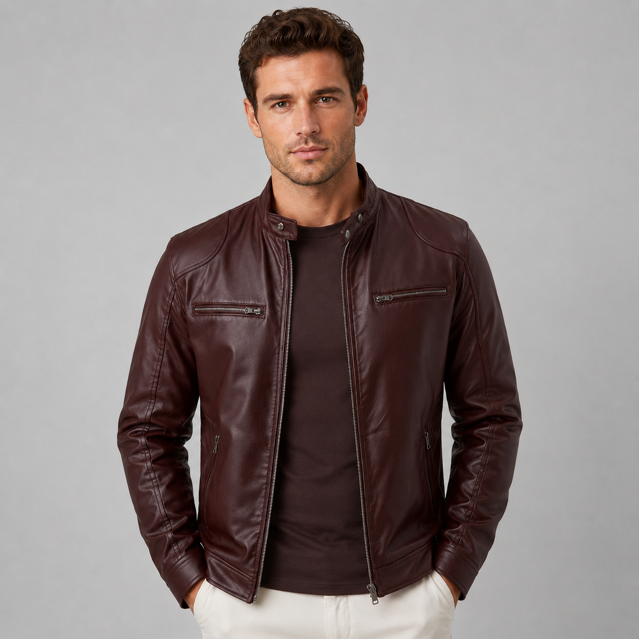 Montarello Men's Biker Jacket Leather-Look Stand Collar