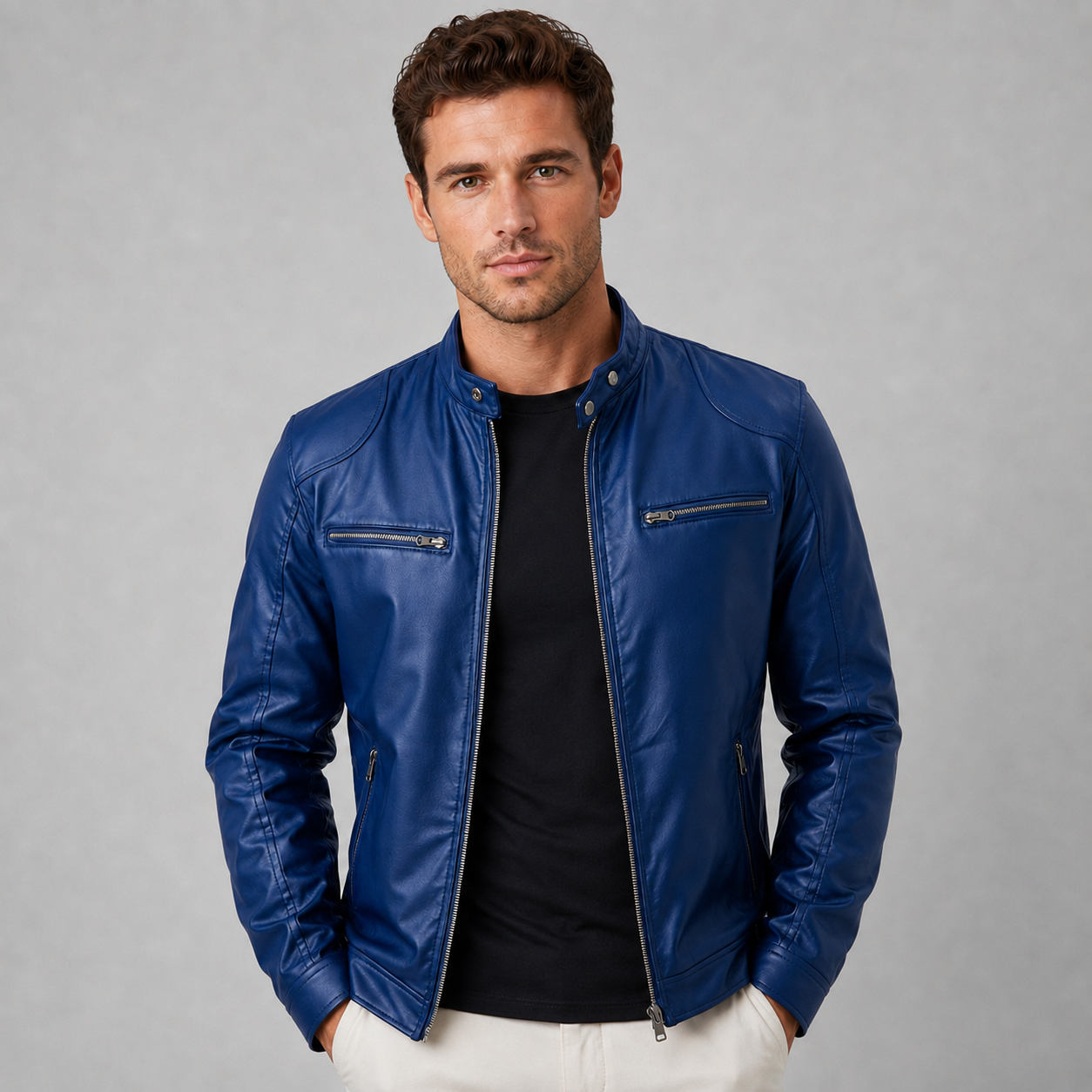 Montarello Men's Biker Jacket Leather-Look Stand Collar