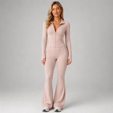 Montarello Women's Co-Ord Set Ribbed Zip Top Flared Trousers