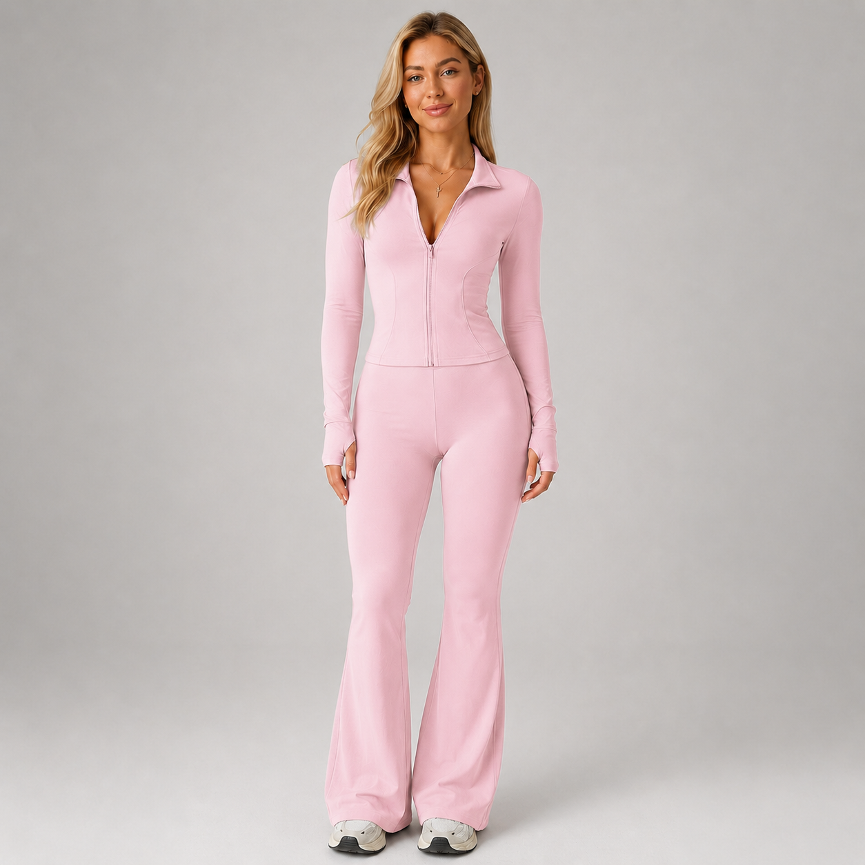 Montarello Women's Co-Ord Set Ribbed Zip Top Flared Trousers