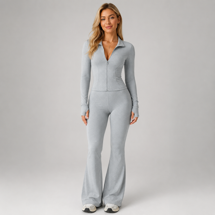 Montarello Women's Co-Ord Set Ribbed Zip Top Flared Trousers