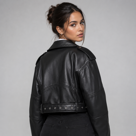 Montarello Women's Leather-Look Belted Biker Jacket