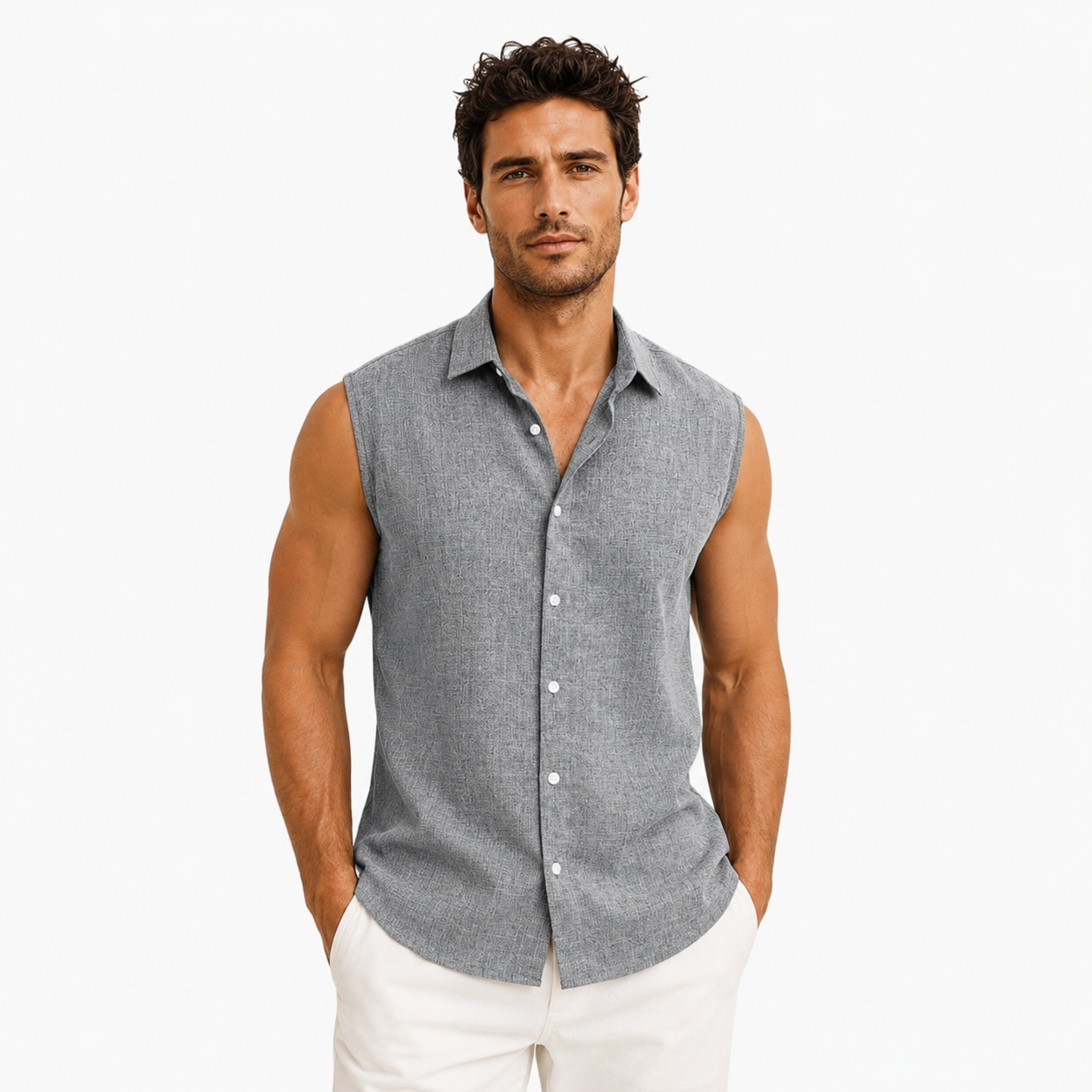 Montarello Men's Linen-Look Sleeveless Shirt Button-Down