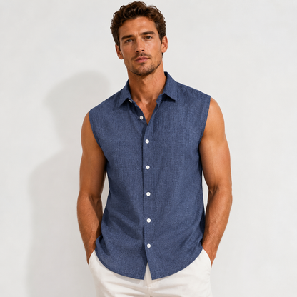 Montarello Men's Linen-Look Sleeveless Shirt Button-Down