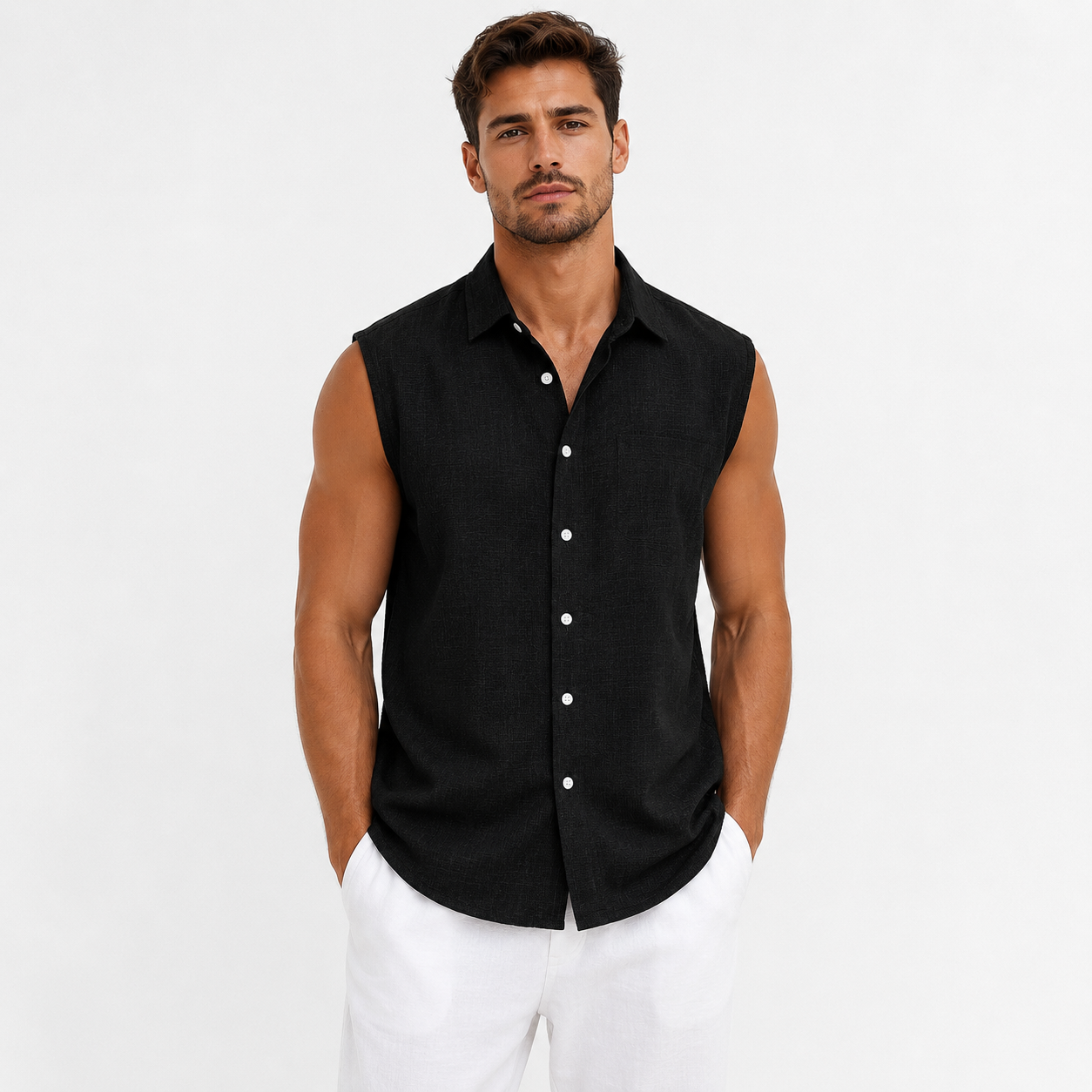 Montarello Men's Linen-Look Sleeveless Shirt Button-Down