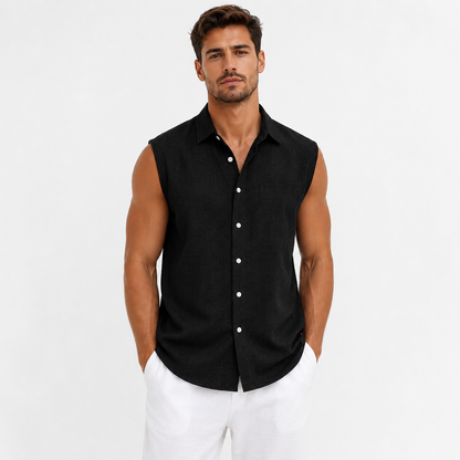 Montarello Men's Linen-Look Sleeveless Shirt Button-Down