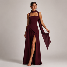 Montarello Women's Satin-Look Wedding Guest Maxi Dress with Draped Skirt