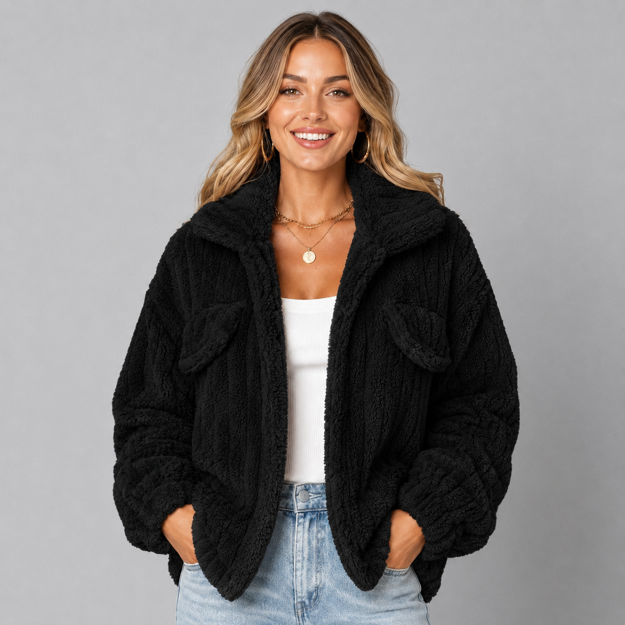 Montarello Women's Teddy Jacket Borg Collared Zip Up