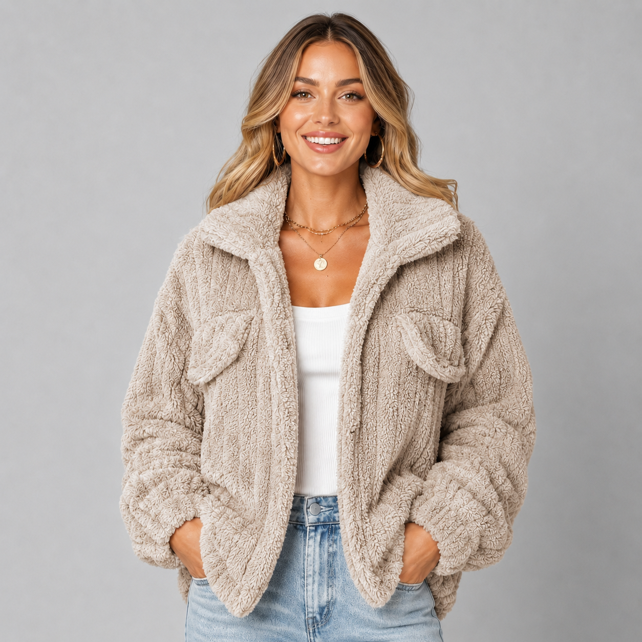 Montarello Women's Teddy Jacket Borg Collared Zip Up