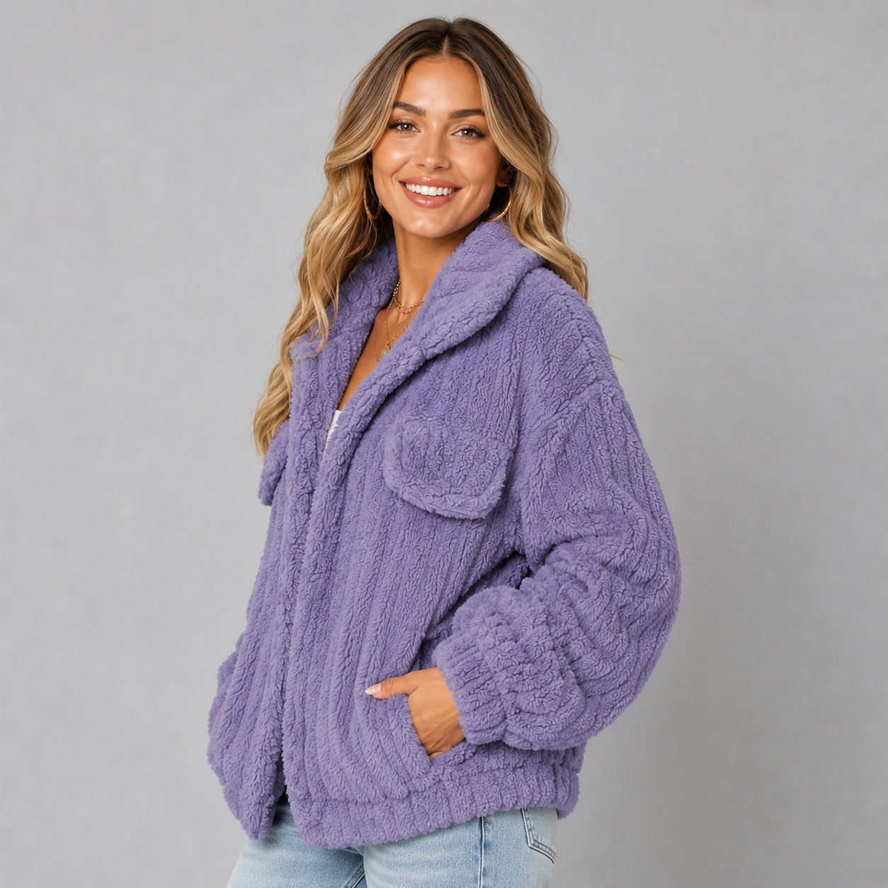 Montarello Women's Teddy Jacket Borg Collared Zip Up