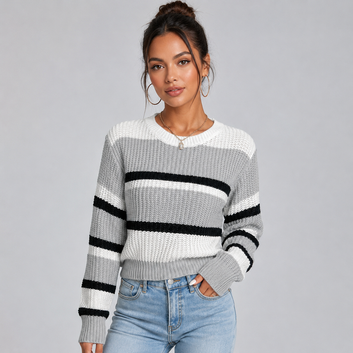 Montarello Women's Cropped Striped Jumper with Round Neck