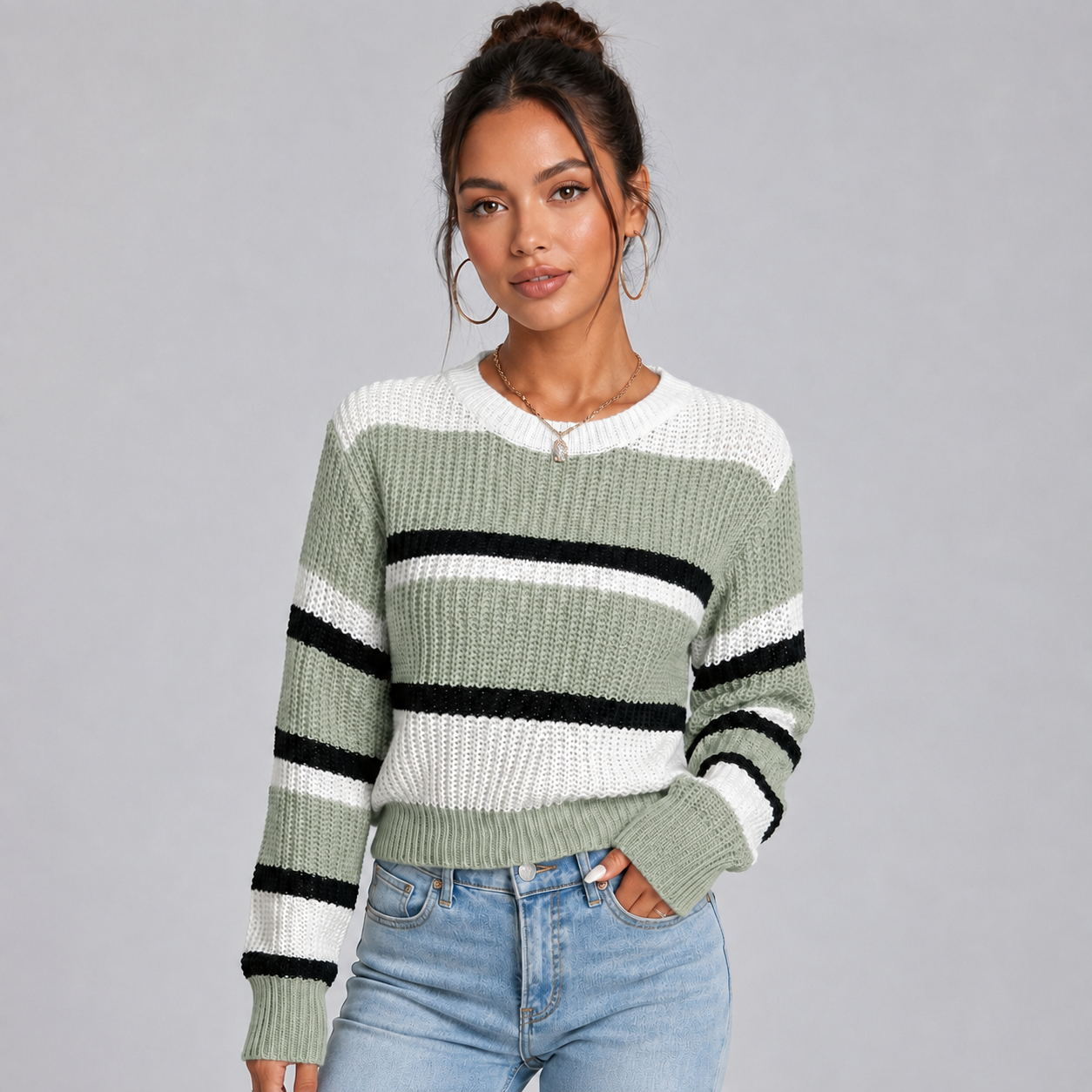 Montarello Women's Cropped Striped Jumper with Round Neck