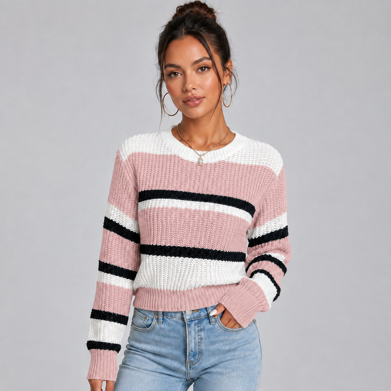 Montarello Women's Cropped Striped Jumper with Round Neck
