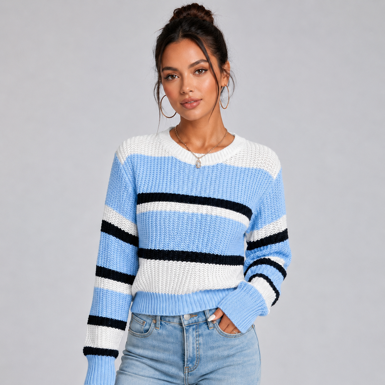 Montarello Women's Cropped Striped Jumper with Round Neck
