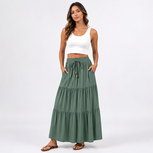 Montarello Women's Tiered Drawstring Casual Summer Maxi Skirt