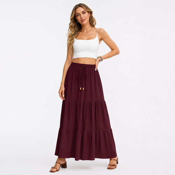 Montarello Women's Tiered Drawstring Casual Summer Maxi Skirt