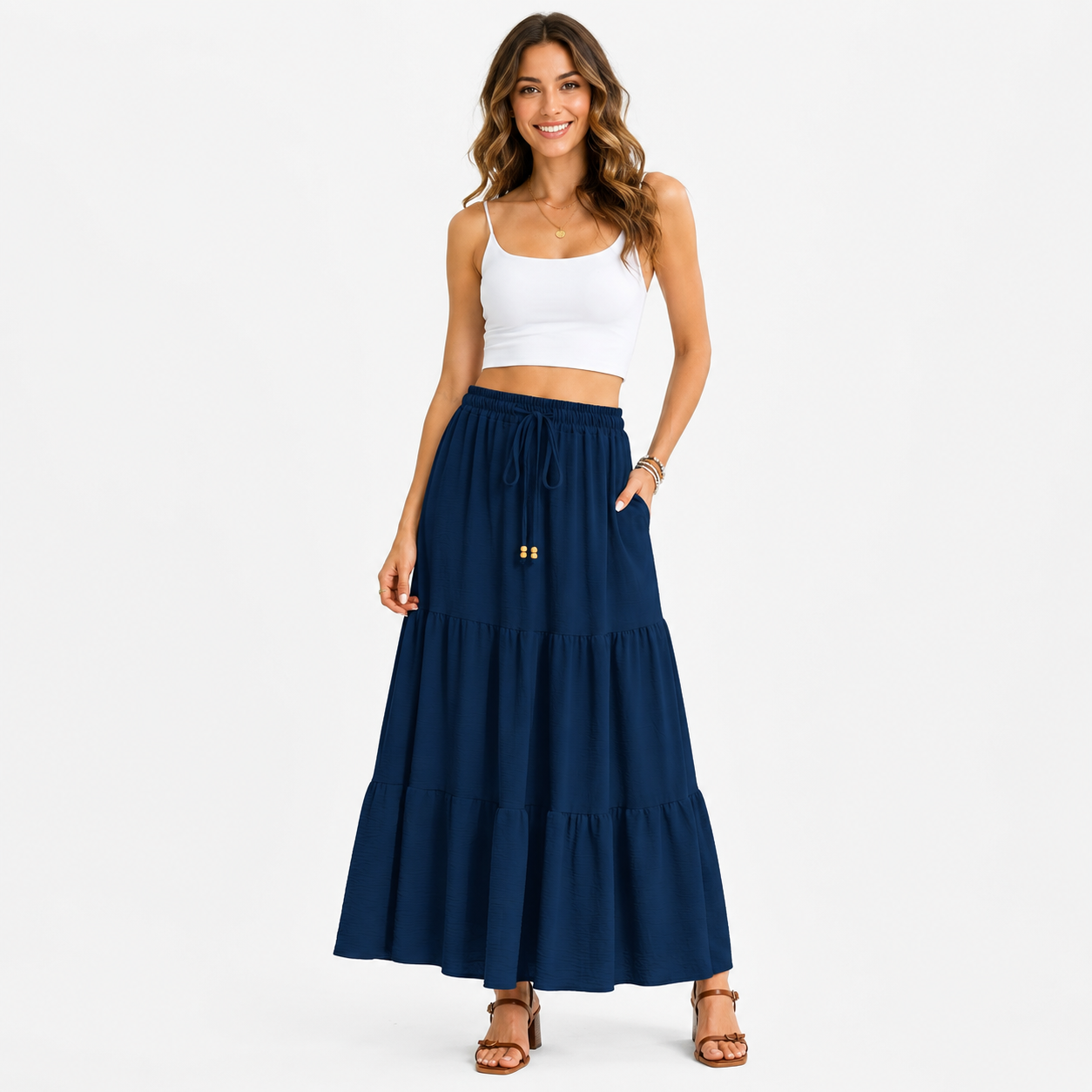 Montarello Women's Tiered Drawstring Casual Summer Maxi Skirt